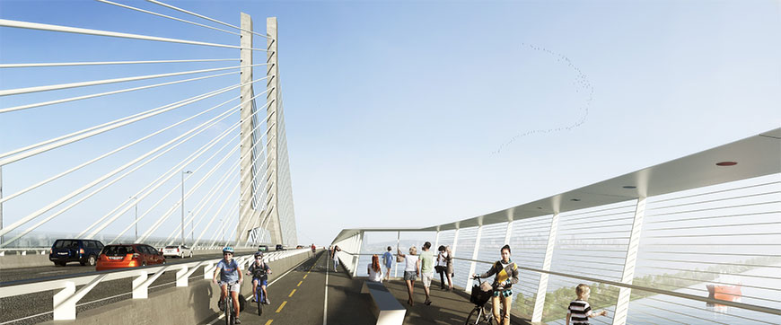 Vue du pont avec des piétons, des cyclistes et des voitures