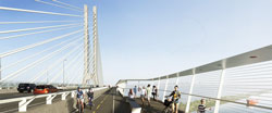 Vue du pont avec des piétons, des cyclistes et des voitures