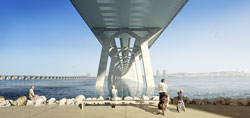 Vue d'une aire de repos donnant sur le fleuve avec des gens en dessous du pont