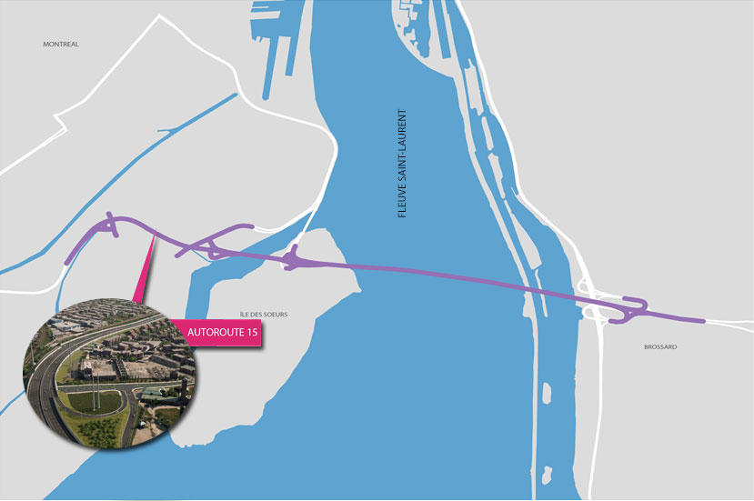 Plan aérien du projet du nouveau pont, avec en médaillon une photo montrant l’autoroute 15.