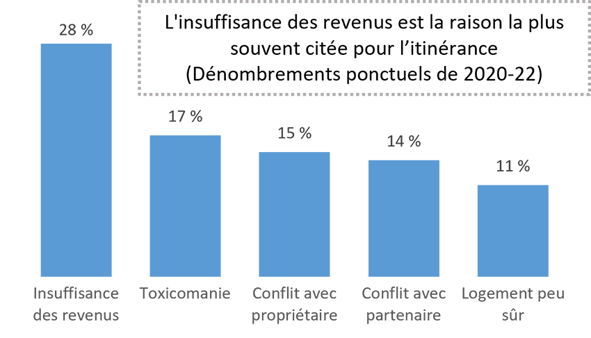 Répartition des raisons de l'itinérance selon les dénombrements ponctuels de 2020 à 2022