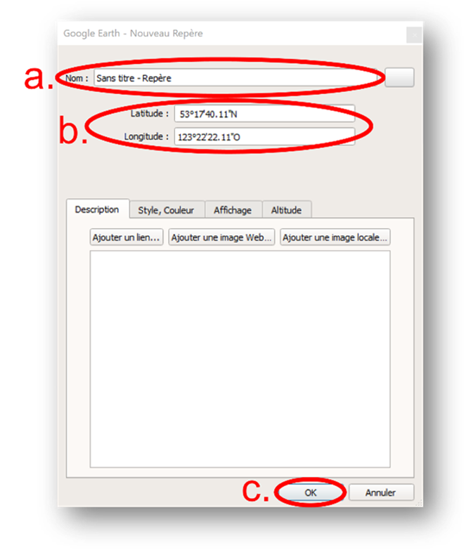Capture d'écran de la fenêtre Nouveau Repère dans Google Earth Pro