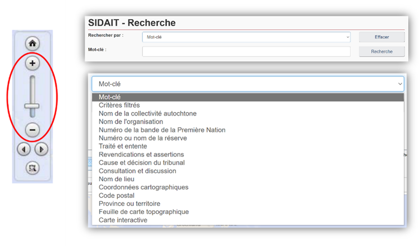 Capture d'écran de la fonction zoom du visualiseur de cartes et de la barre de recherche se trouvant dans l'application SIDAIT