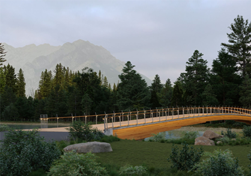 Pont piétonnier en bois avec des arbres et des montagnes en arrière-plan.